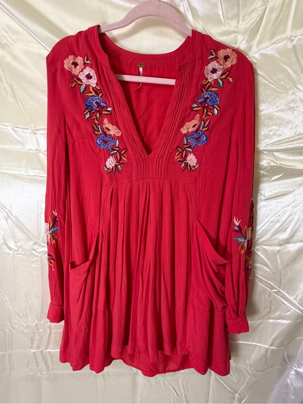 Free People Sweet Tennessee Tunic Dress Small Red Floral Embroidered Boho